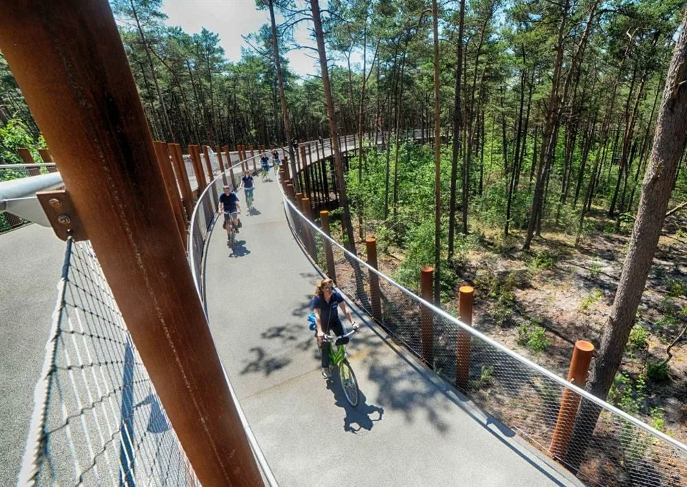 Elevated cycling path on helical screw pile foundations through forest canopy at Bosland, Belgium